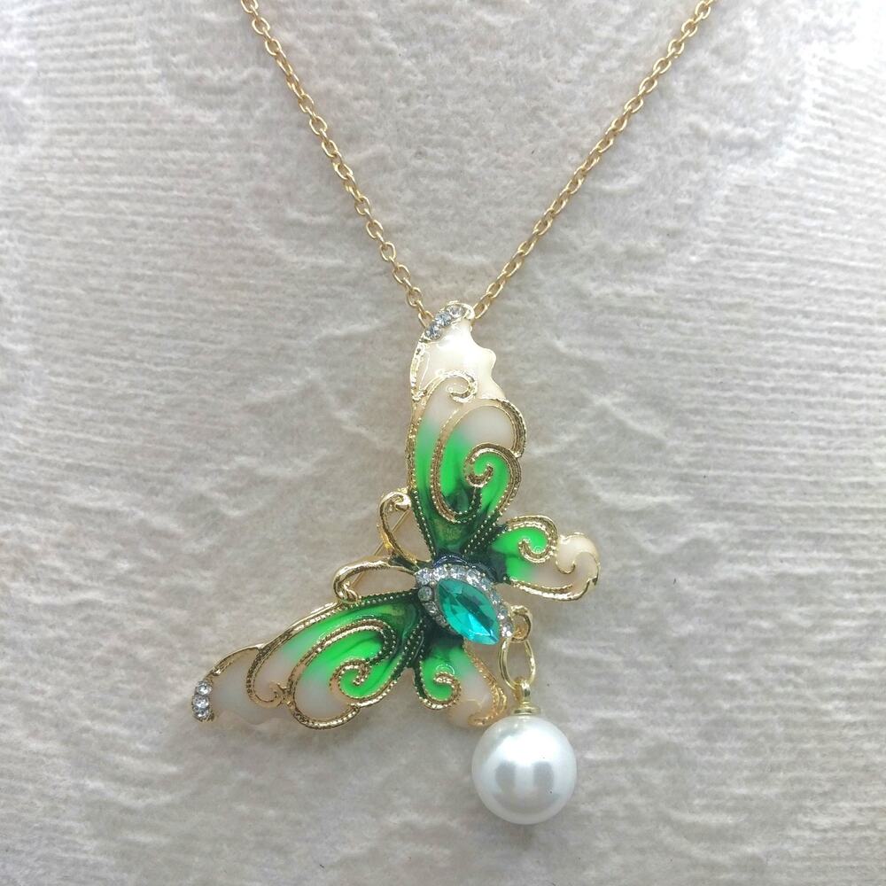 Green Enamel Butterfly Pendant Brooch Faux Pearl Drop Gold Tone Whimsical Insect